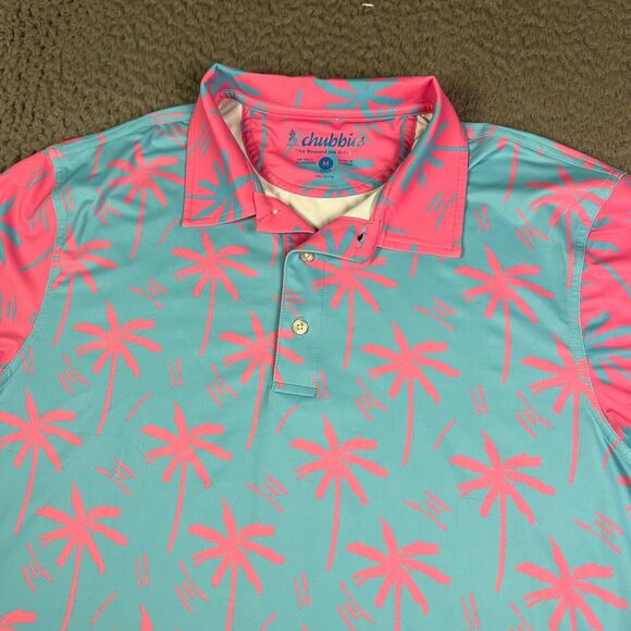 Chubbies Polo Shirt Mens M Pink Blue Palm Tree Hawaiian Golf Performance Stretch - Picture 1 of 6